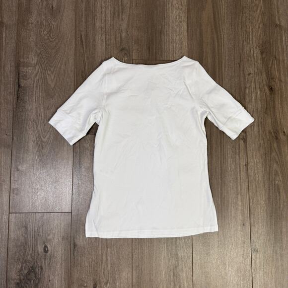 Madewell Elbow-Sleeve Boatneck Tee Sz S White Pullover Slit Hem Slim Fit Stretch - Picture 6 of 8